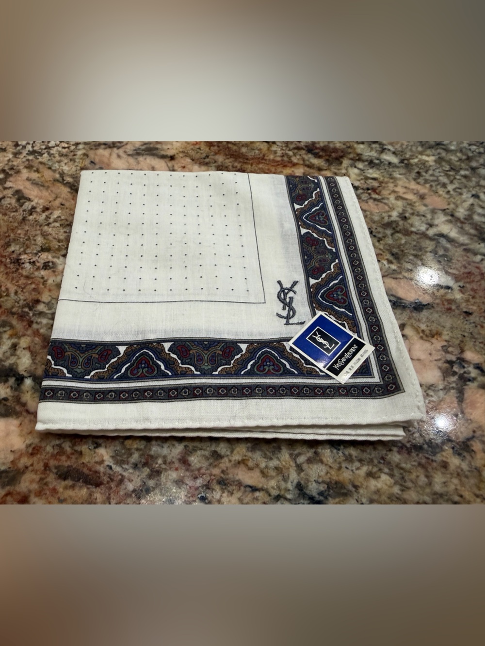 Yves Saint Laurent Cream Handkerchief with Navy & Burgundy Paisley Border